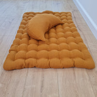 Set of linen meditation mustard Cresсent cushion + mat floor cushion 23" x 35" filled with buckwheat hulls