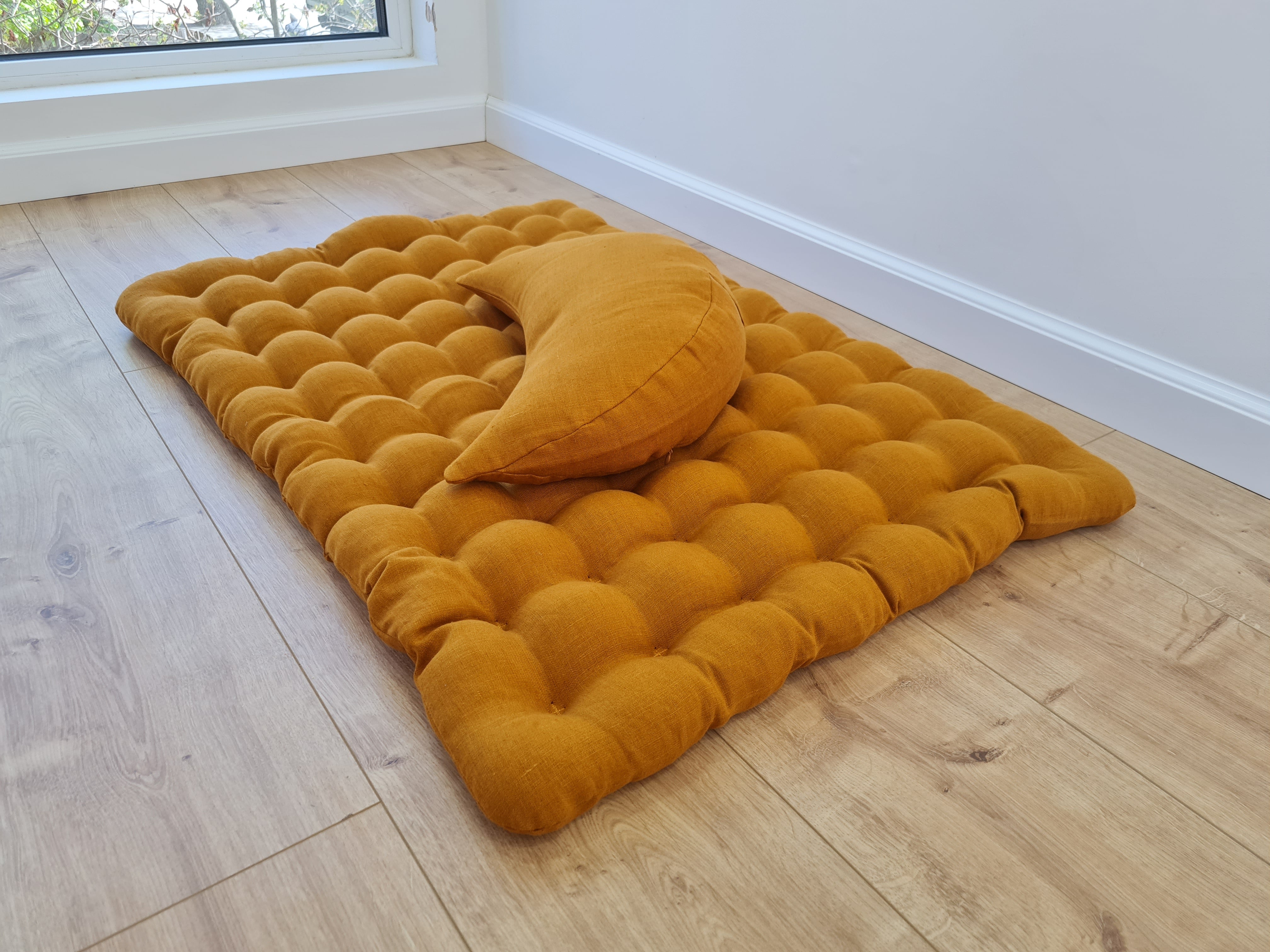 Set of linen meditation mustard Cresсent cushion + mat floor cushion 23" x 35" filled with buckwheat hulls