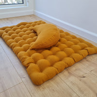 Set of linen meditation mustard Cresсent cushion + mat floor cushion 23" x 35" filled with buckwheat hulls