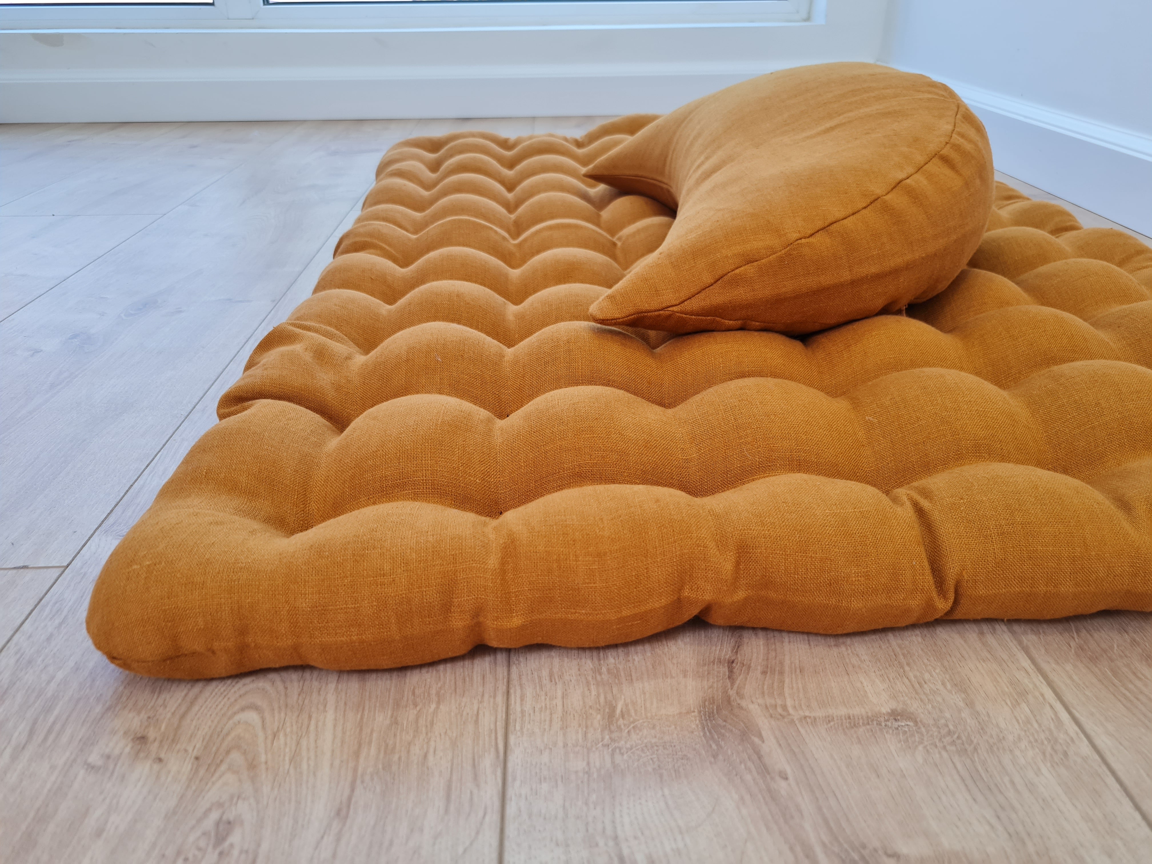 Set of linen meditation mustard Cresсent cushion + mat floor cushion 23" x 35" filled with buckwheat hulls