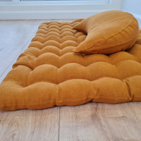 Set of linen meditation mustard Cresсent cushion + mat floor cushion 23" x 35" filled with buckwheat hulls