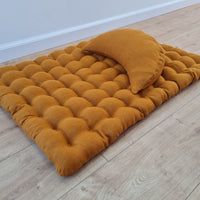Set of linen meditation mustard Cresсent cushion + mat floor cushion 23" x 35" filled with buckwheat hulls