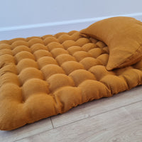 Set of linen meditation mustard Cresсent cushion + mat floor cushion 23" x 35" filled with buckwheat hulls
