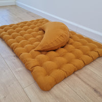 Set of linen meditation mustard Cresсent cushion + mat floor cushion 23" x 35" filled with buckwheat hulls
