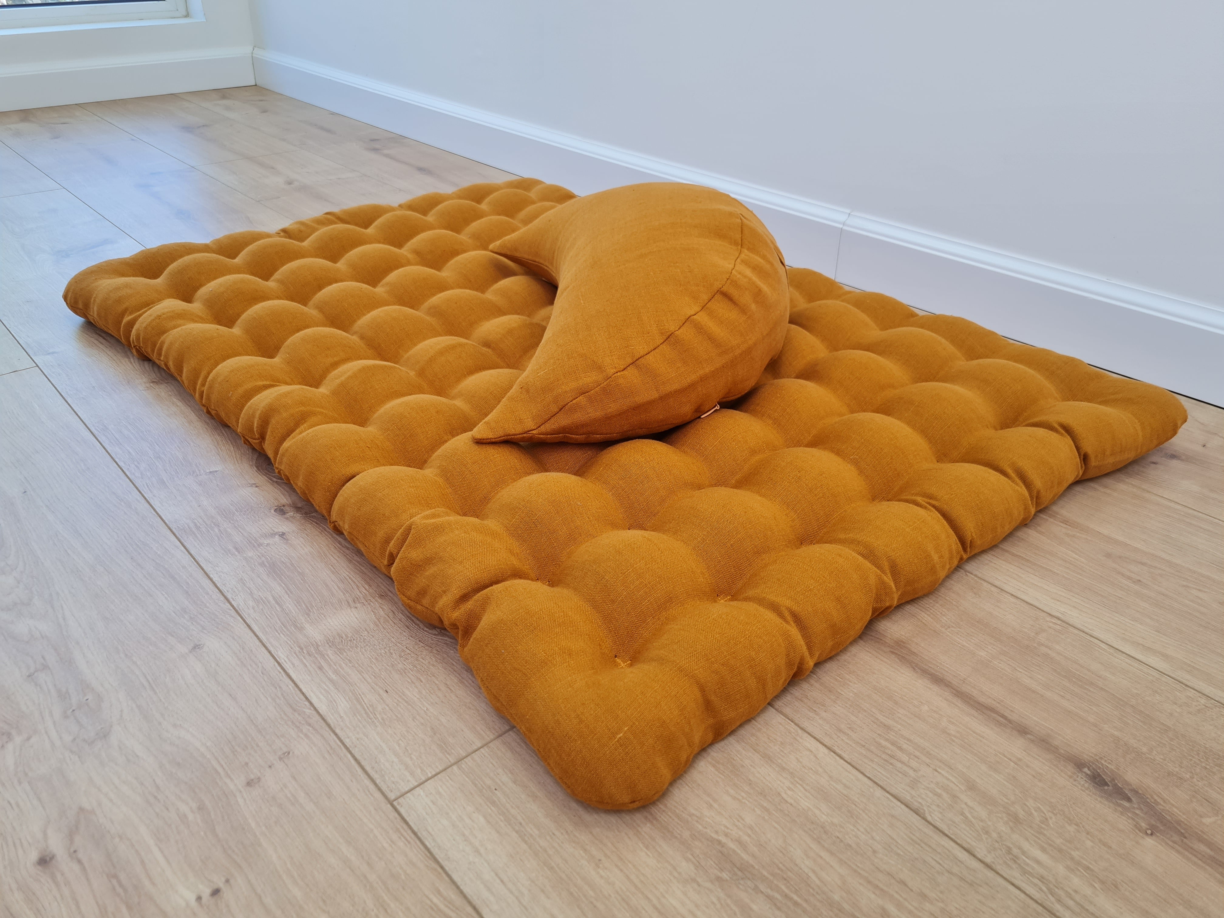 Set of linen meditation mustard Cresсent cushion + mat floor cushion 23" x 35" filled with buckwheat hulls