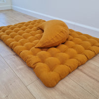Set of linen meditation mustard Cresсent cushion + mat floor cushion 23" x 35" filled with buckwheat hulls
