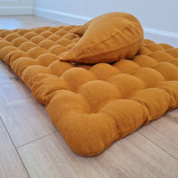 Set of linen meditation mustard Cresсent cushion + mat floor cushion 23" x 35" filled with buckwheat hulls