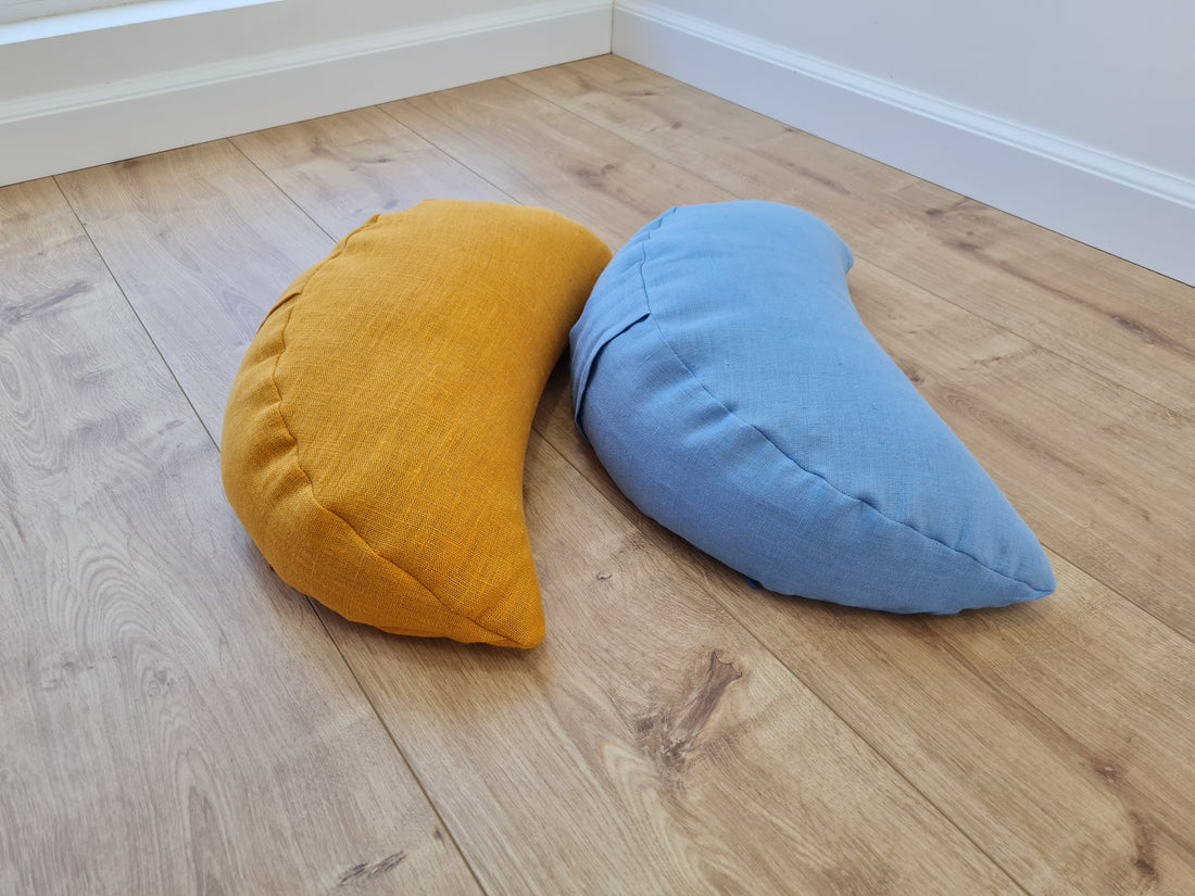 Set of two Yellow & Blue meditation natural Crescent linen cushions filled with buckwheat hulls gift for him for her Yoga support pillow