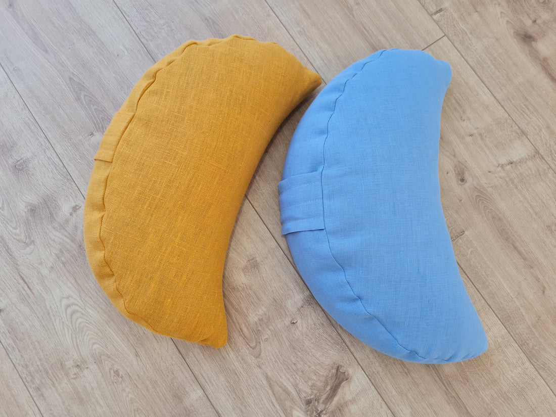 Set of two Yellow & Blue meditation natural Crescent linen cushions filled with buckwheat hulls gift for him for her Yoga support pillow