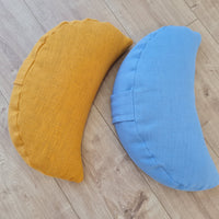 Set of two Yellow & Blue meditation natural Crescent linen cushions filled with buckwheat hulls gift for him for her Yoga support pillow
