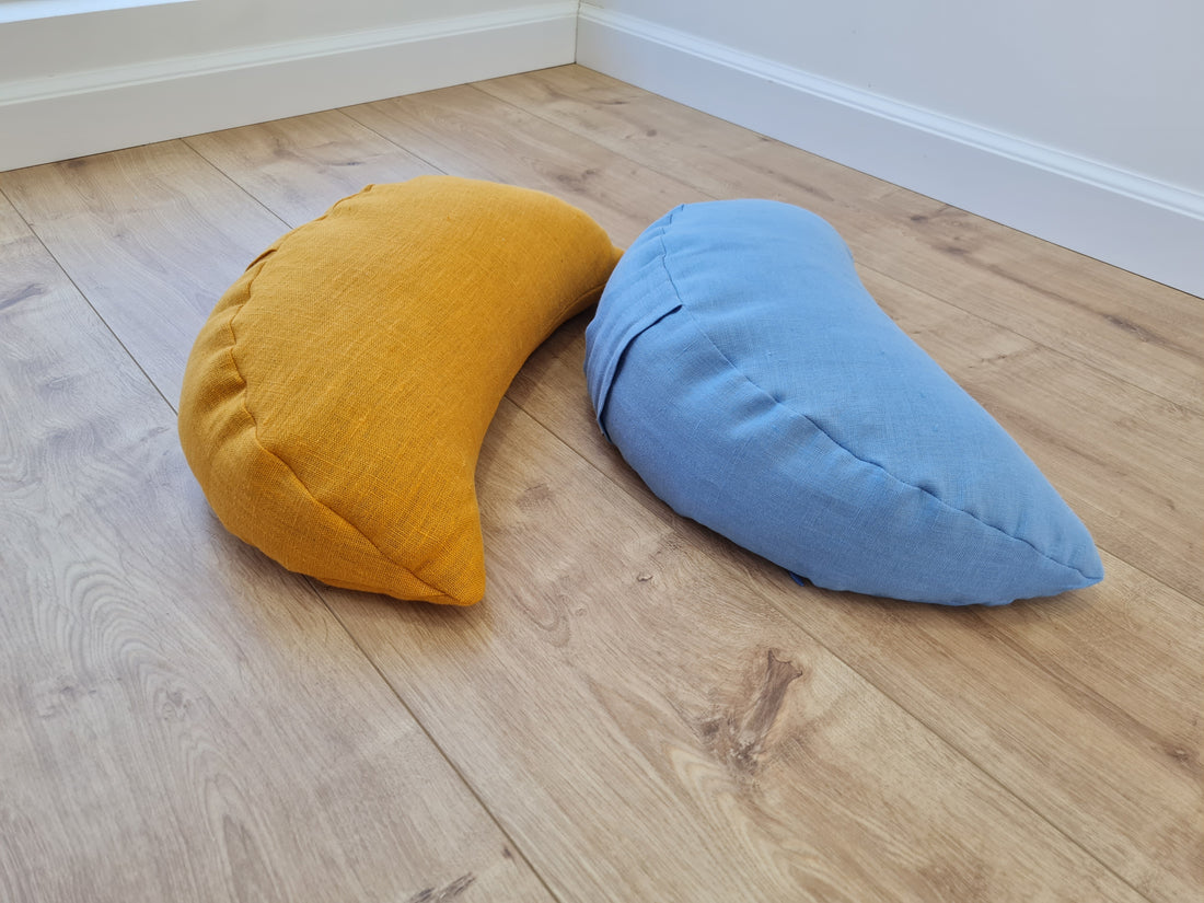 Set of two Yellow & Blue meditation natural Crescent linen cushions filled with buckwheat hulls gift for him for her Yoga support pillow
