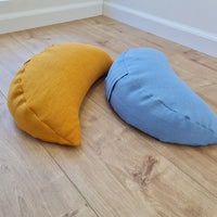 Set of two Yellow & Blue meditation natural Crescent linen cushions filled with buckwheat hulls gift for him for her Yoga support pillow