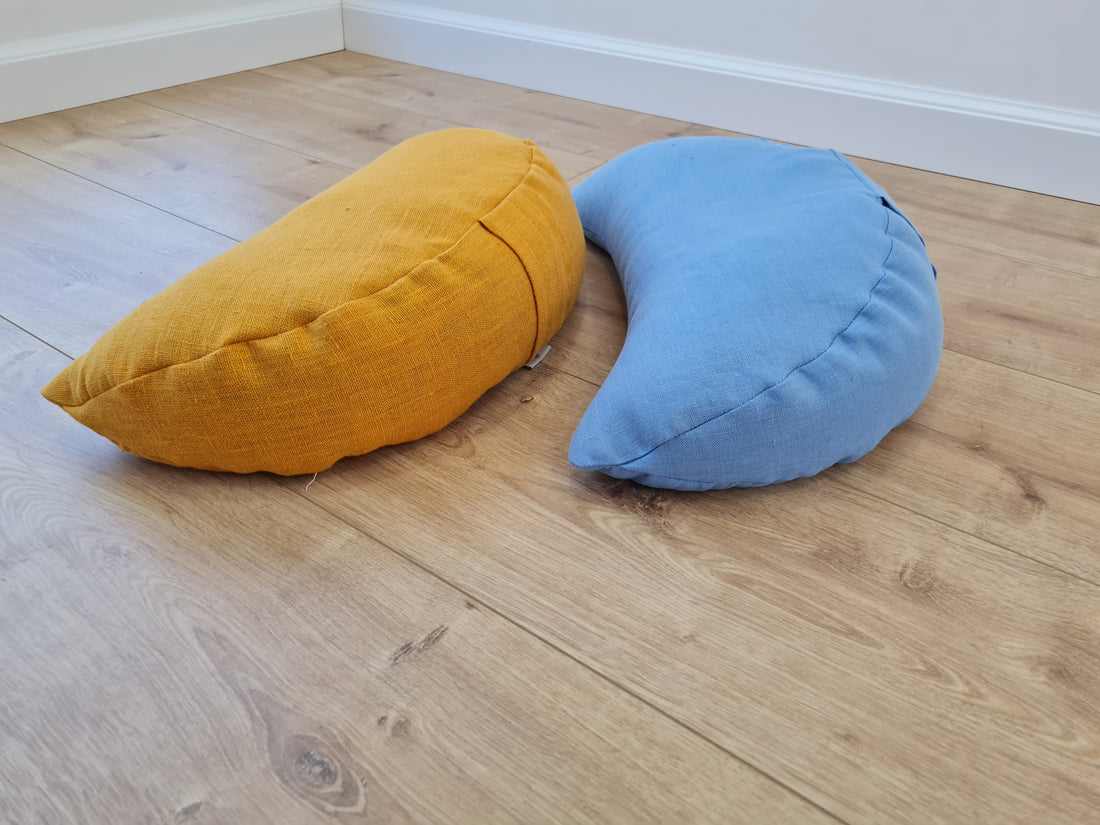 Set of two Yellow & Blue meditation natural Crescent linen cushions filled with buckwheat hulls gift for him for her Yoga support pillow