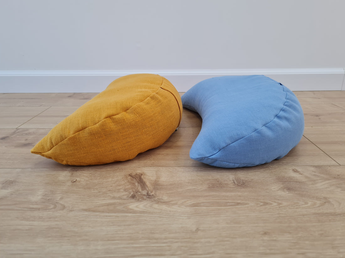 Set of two Yellow & Blue meditation natural Crescent linen cushions filled with buckwheat hulls gift for him for her Yoga support pillow