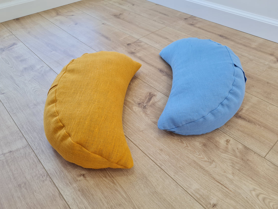 Set of two Yellow & Blue meditation natural Crescent linen cushions filled with buckwheat hulls gift for him for her Yoga support pillow