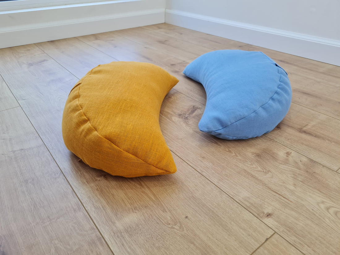 Set of two Yellow & Blue meditation natural Crescent linen cushions filled with buckwheat hulls gift for him for her Yoga support pillow