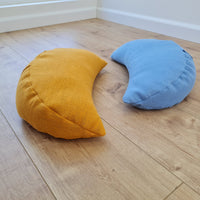 Set of two Yellow & Blue meditation natural Crescent linen cushions filled with buckwheat hulls gift for him for her Yoga support pillow