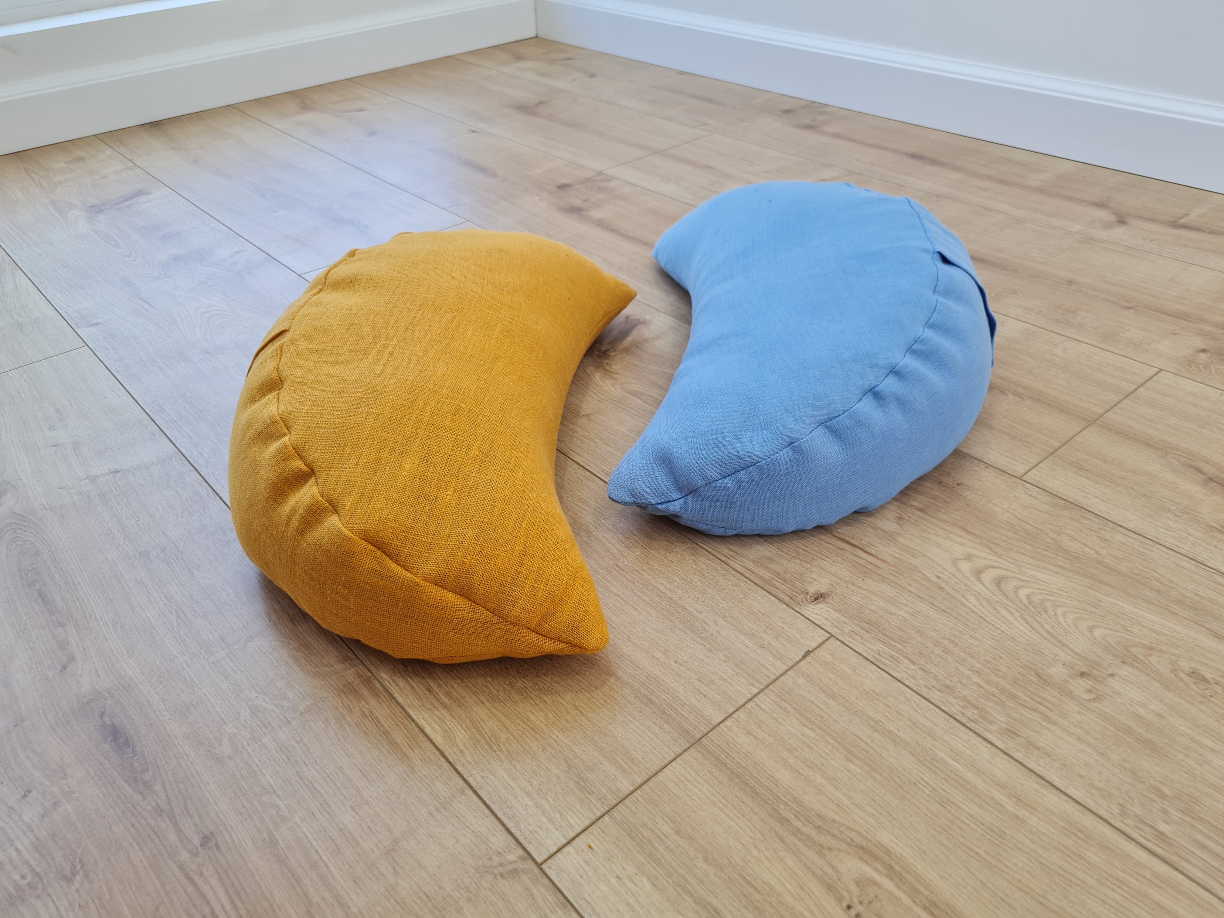 Set of two Yellow & Blue meditation natural Crescent linen cushions filled with buckwheat hulls gift for him for her Yoga support pillow
