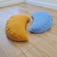 Set of two Yellow & Blue meditation natural Crescent linen cushions filled with buckwheat hulls gift for him for her Yoga support pillow