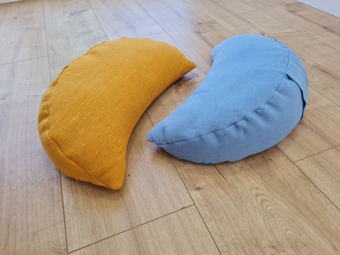 Set of two Yellow & Blue meditation natural Crescent linen cushions filled with buckwheat hulls gift for him for her Yoga support pillow