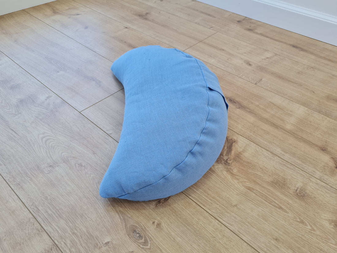 Linen meditation Cresсent cushion blue filled with buckwheat hulls