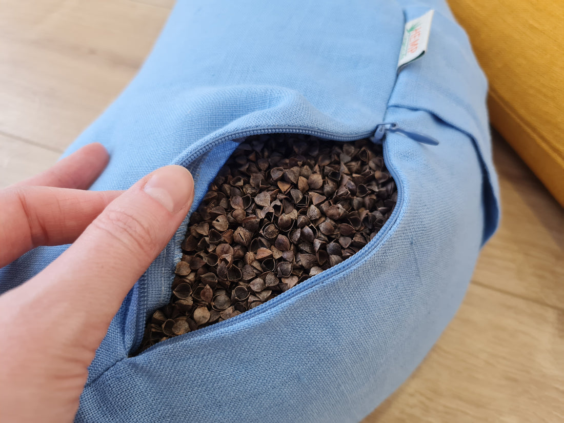 Set of two Yellow & Blue meditation natural Crescent linen cushions filled with buckwheat hulls gift for him for her Yoga support pillow
