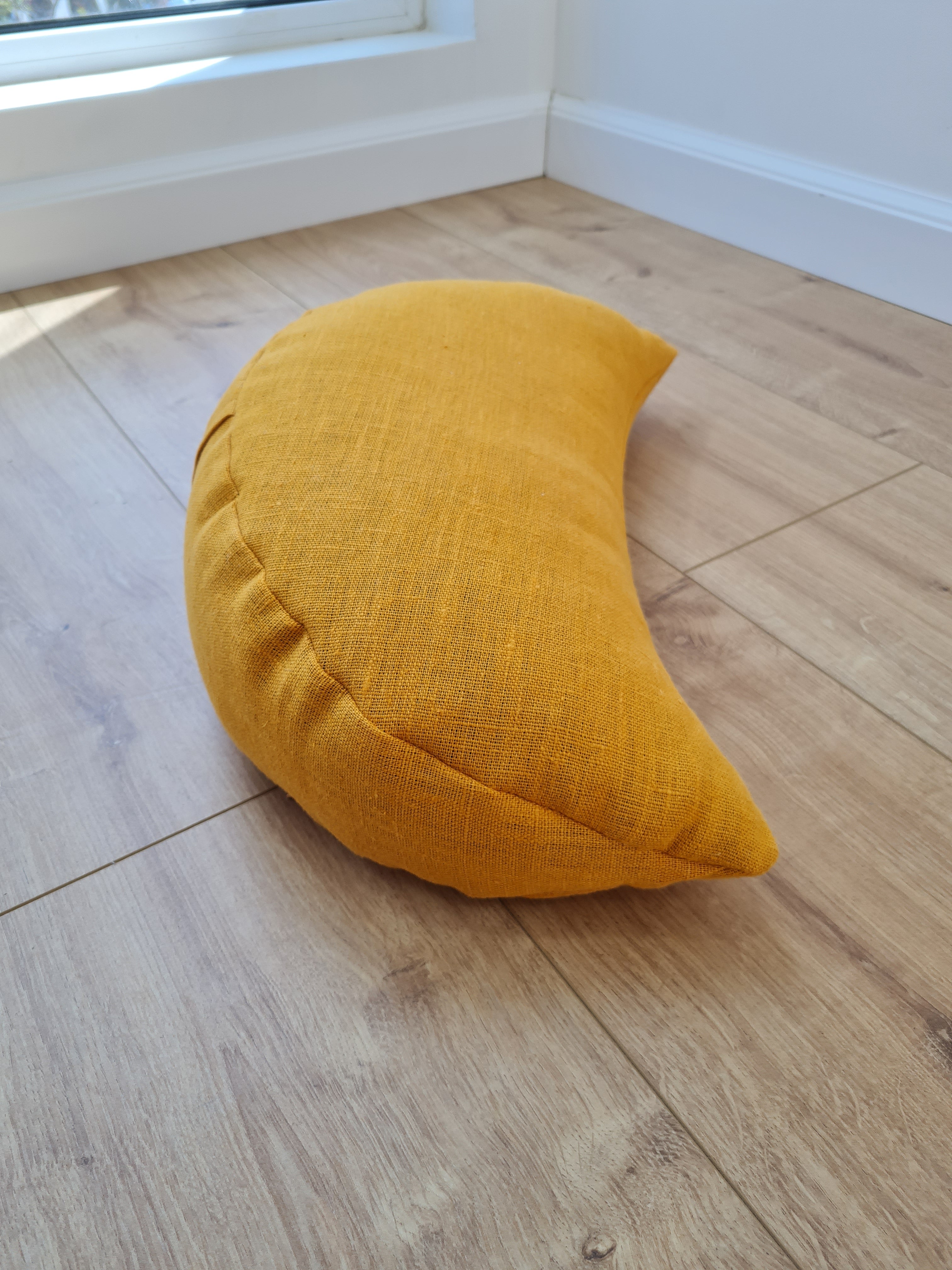 Mustard linen meditation Cresсent cushion filled with buckwheat hulls Yoga support pillow