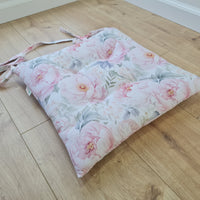 Hemp Chair Seat Cushion filled organic Hemp Fiber in Pink Peonies natural cotton fabric Custom Size, Pillow seat