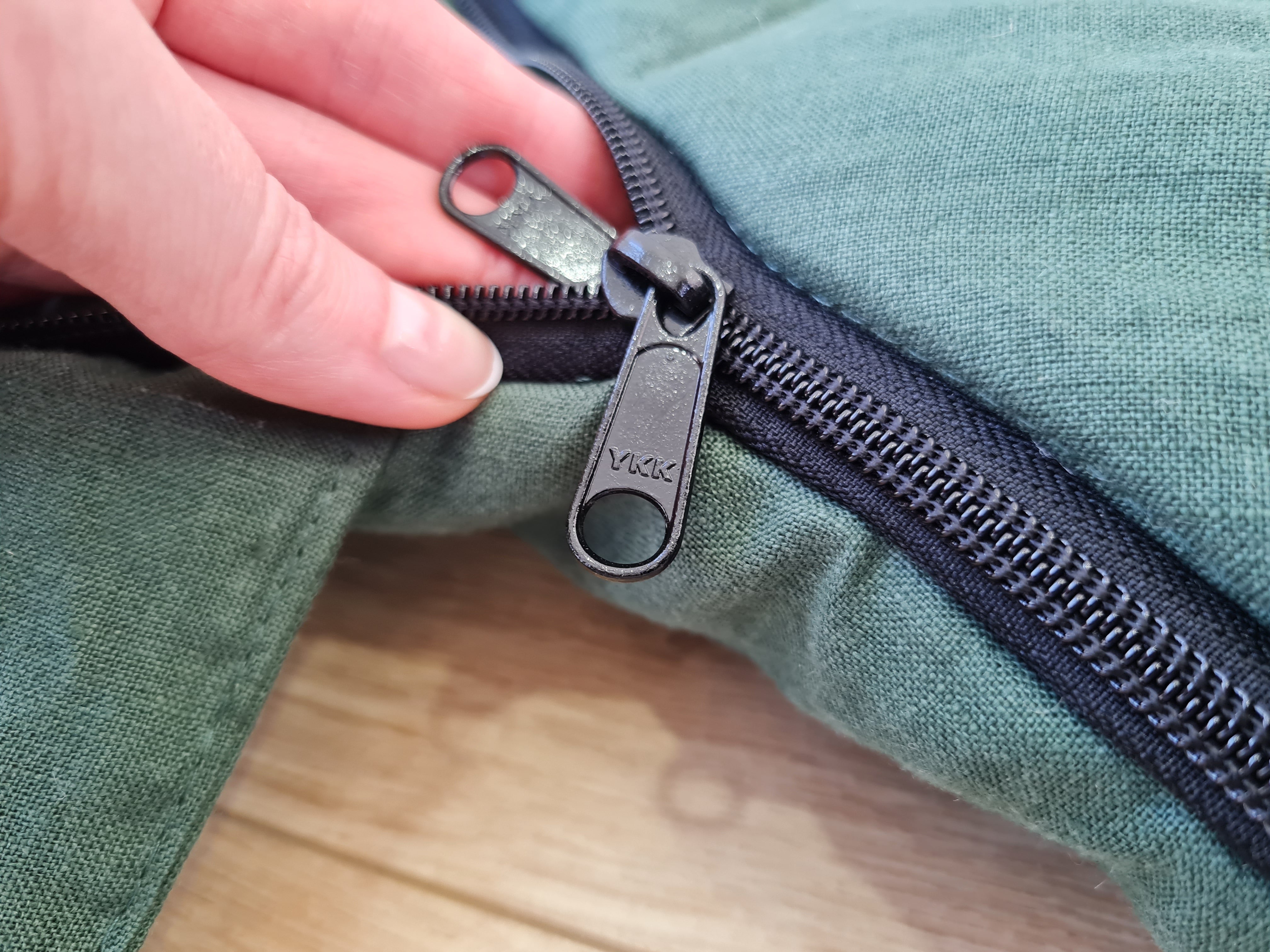 HEMP natural Sleeping bag with hood thick organic hemp fiber filling inside in linen dark green fabric hand made