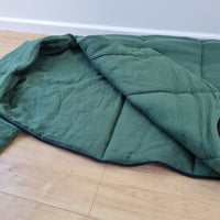 HEMP natural Sleeping bag with hood thick organic hemp fiber filling inside in linen dark green fabric hand made