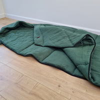 HEMP natural Sleeping bag with hood thick organic hemp fiber filling inside in linen dark green fabric hand made