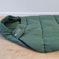 HEMP natural Sleeping bag with hood thick organic hemp fiber filling inside in linen dark green fabric hand made