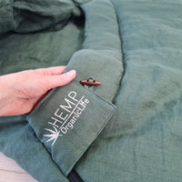 HEMP natural Sleeping bag with hood thick organic hemp fiber filling inside in linen dark green fabric hand made