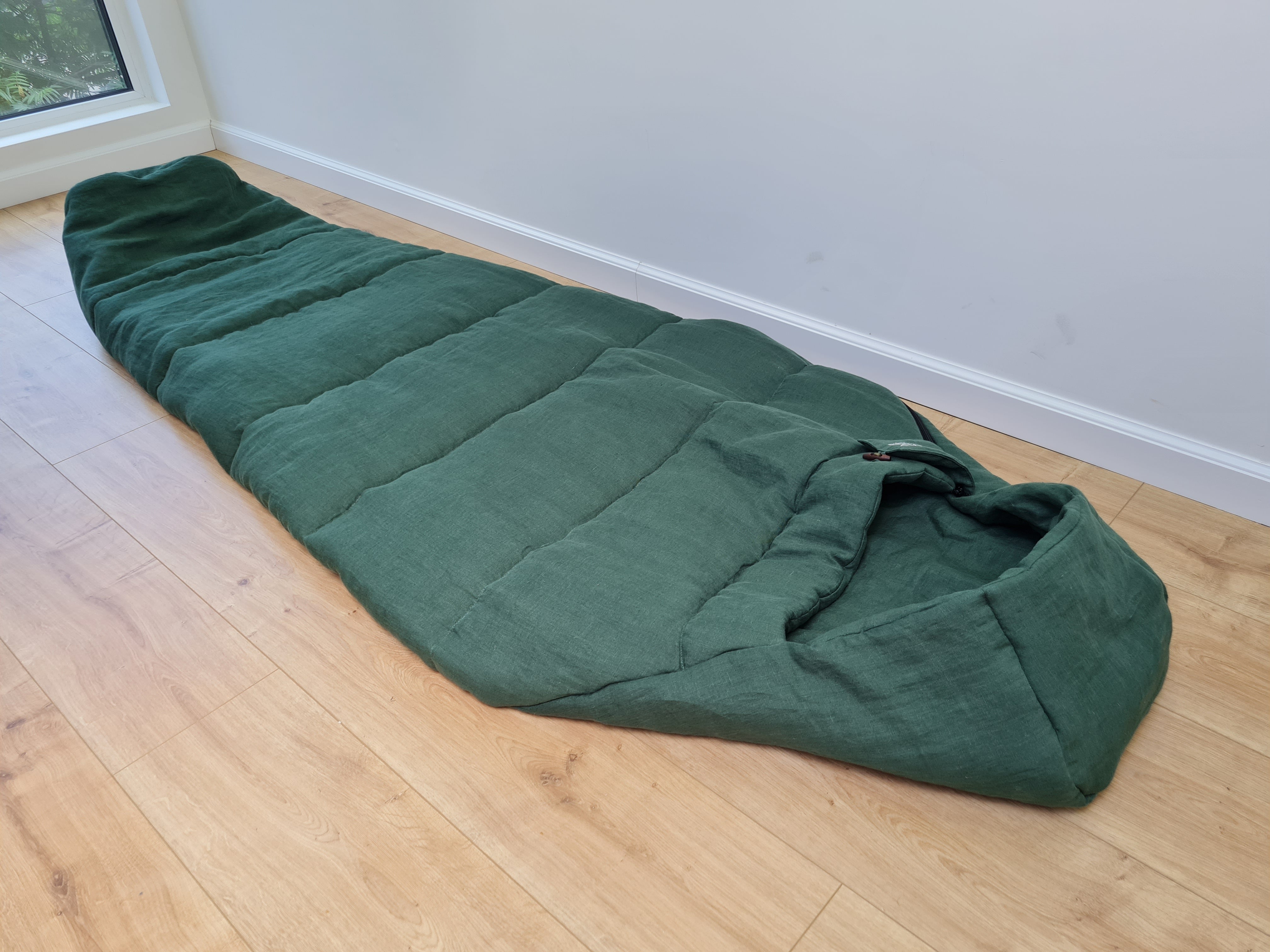 HEMP natural Sleeping bag with hood thick organic hemp fiber filling inside in linen dark green fabric hand made
