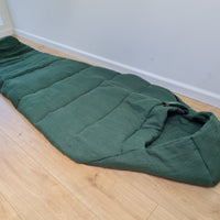 HEMP natural Sleeping bag with hood thick organic hemp fiber filling inside in linen dark green fabric hand made