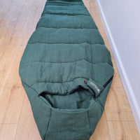 HEMP natural Sleeping bag with hood thick organic hemp fiber filling inside in linen dark green fabric hand made