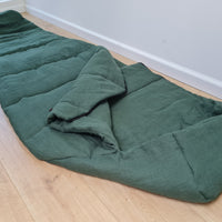 HEMP natural Sleeping bag with hood thick organic hemp fiber filling inside in linen dark green fabric hand made