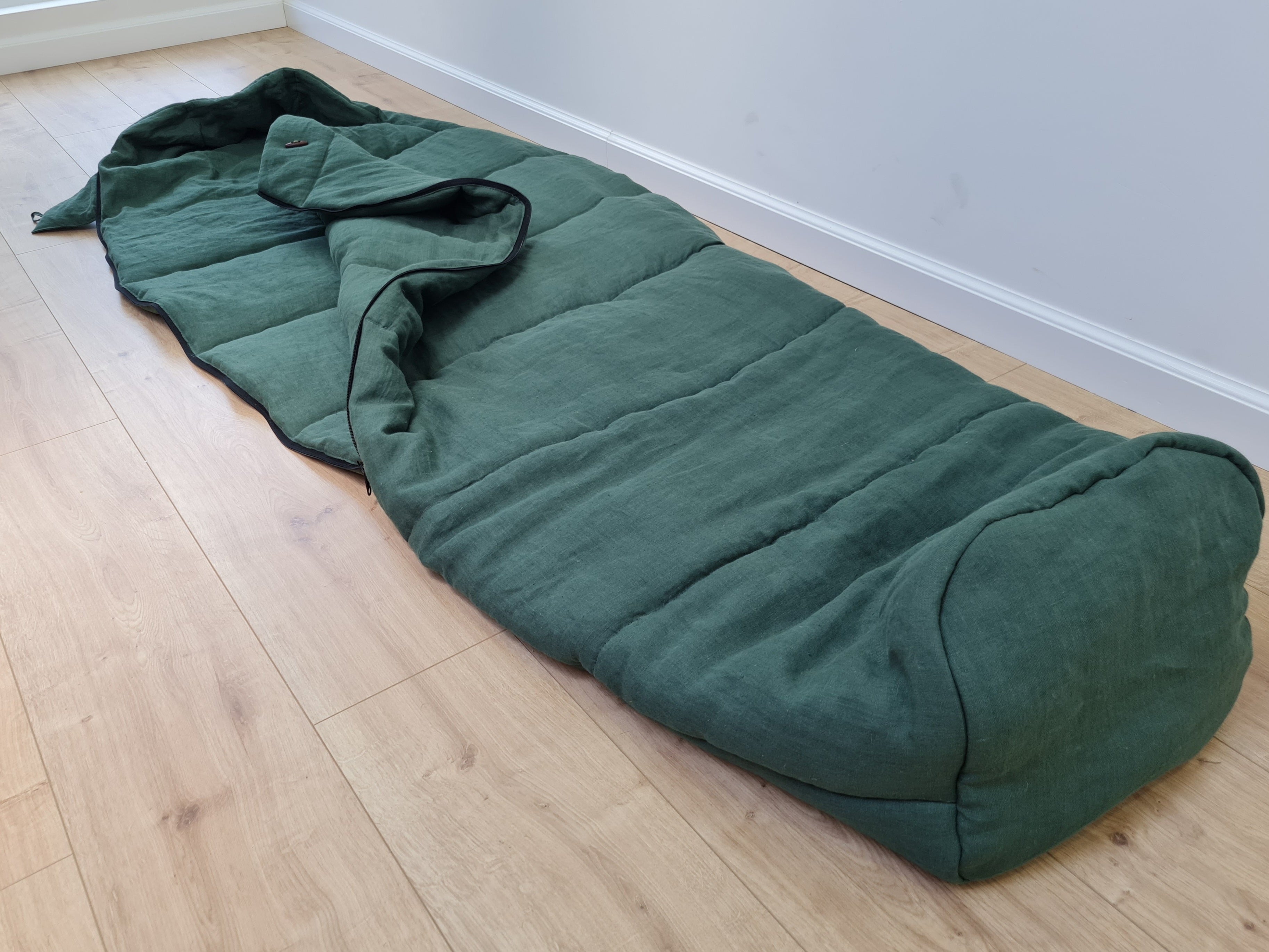 HEMP natural Sleeping bag with hood thick organic hemp fiber filling inside in linen dark green fabric hand made