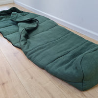 HEMP natural Sleeping bag with hood thick organic hemp fiber filling inside in linen dark green fabric hand made
