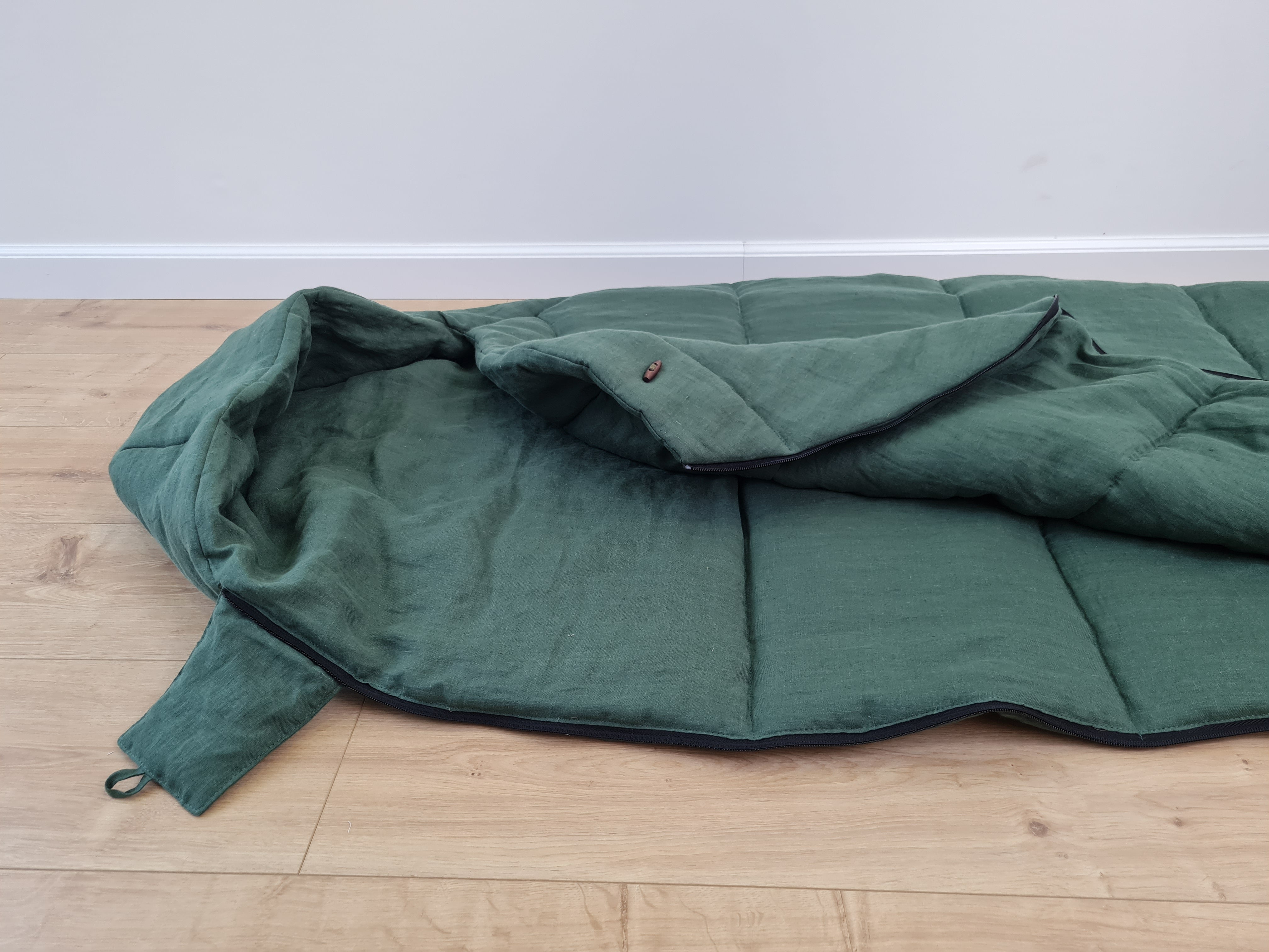 HEMP natural Sleeping bag with hood thick organic hemp fiber filling inside in linen dark green fabric hand made