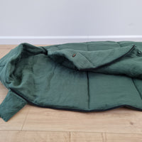 HEMP natural Sleeping bag with hood thick organic hemp fiber filling inside in linen dark green fabric hand made
