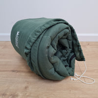 HEMP natural Sleeping bag with hood thick organic hemp fiber filling inside in linen dark green fabric hand made