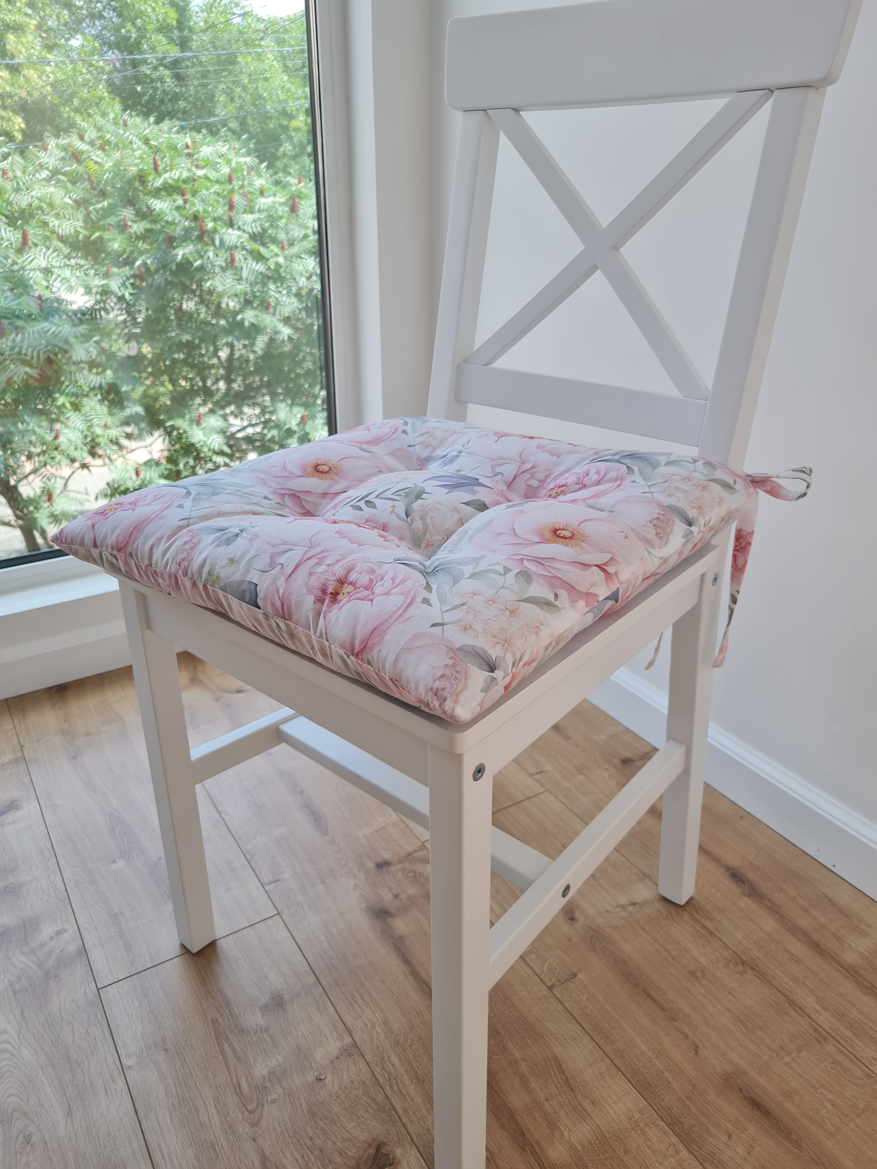 16"x16" (40x40 cm) Hemp Chair Seat Cushion filled organic Hemp Fiber in Pink Peonies natural cotton fabric