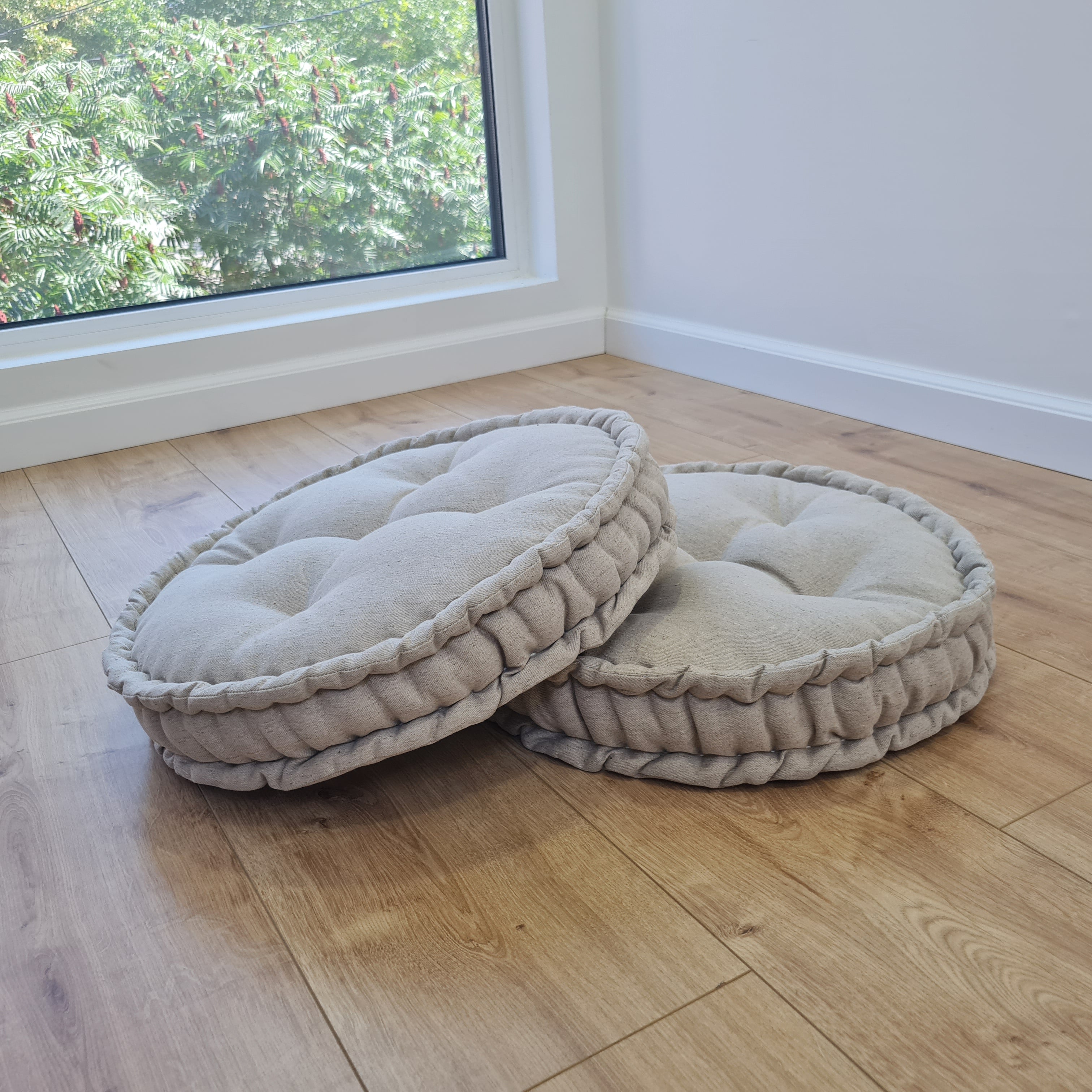 Round Hemp Cushion filled Hemp Fiber in natural non-dyed Linen fabric organic Floor Chair cushion Meditation pillow custom made size