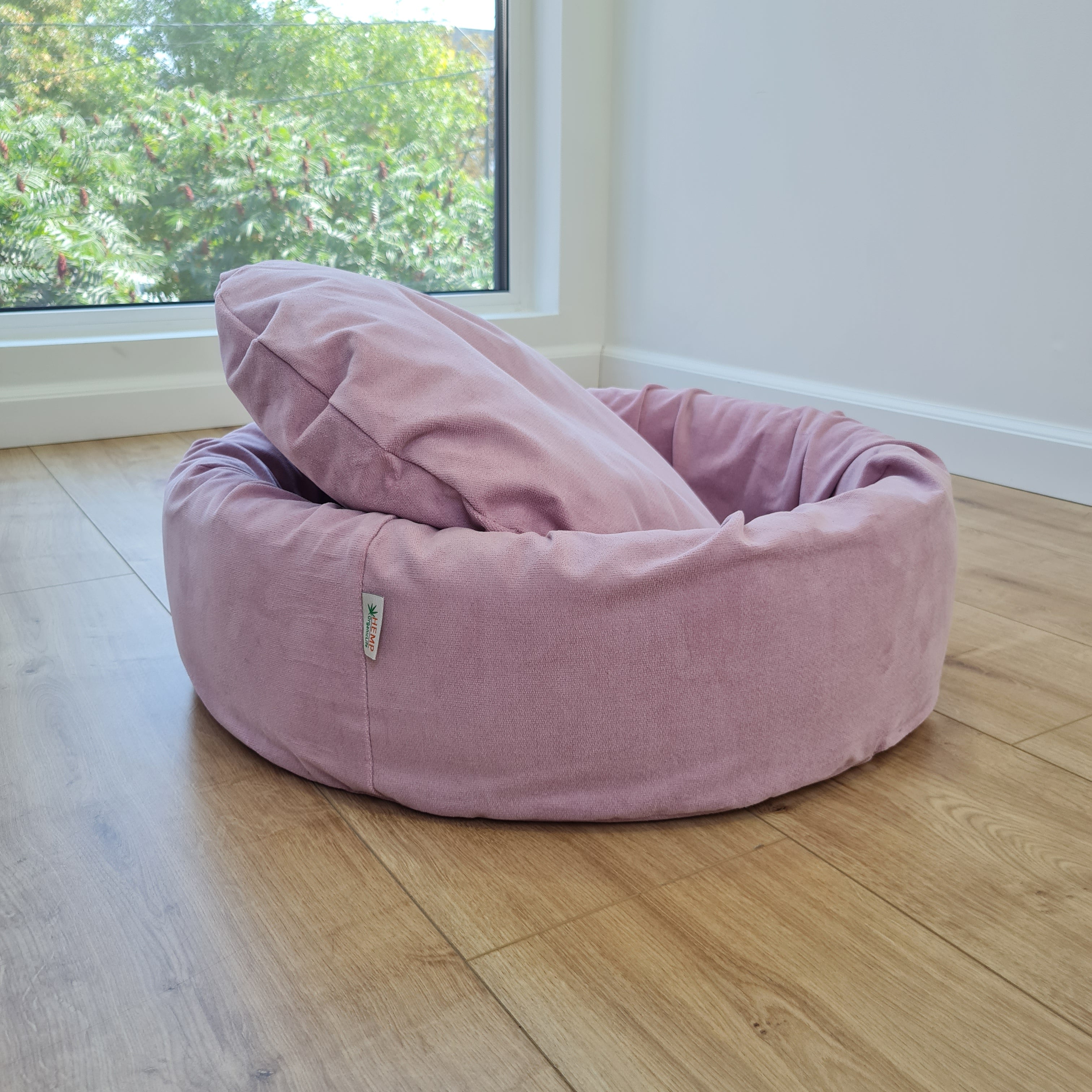 Round Hemp Cotton velvet Light Pink Pet Bed with Removable Washable Natural velvet Cover Filled Organic Hemp Fiber house eco-friendly Gift