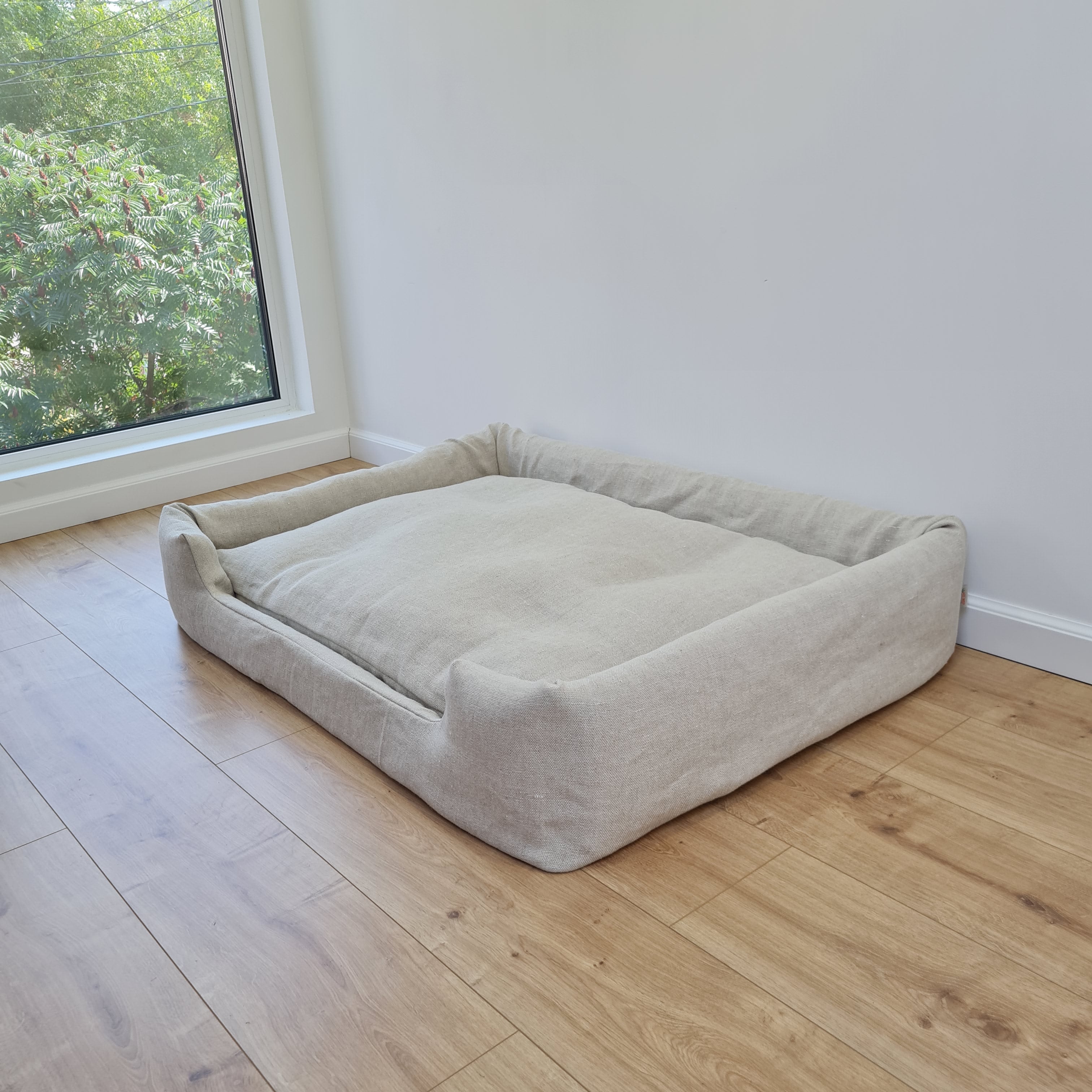 Hemp Pet Bed Removable Washable Natural Linen Cover Bed Filled Organic Hemp Fiber Filler - with thick topper inside - house for cats dogs