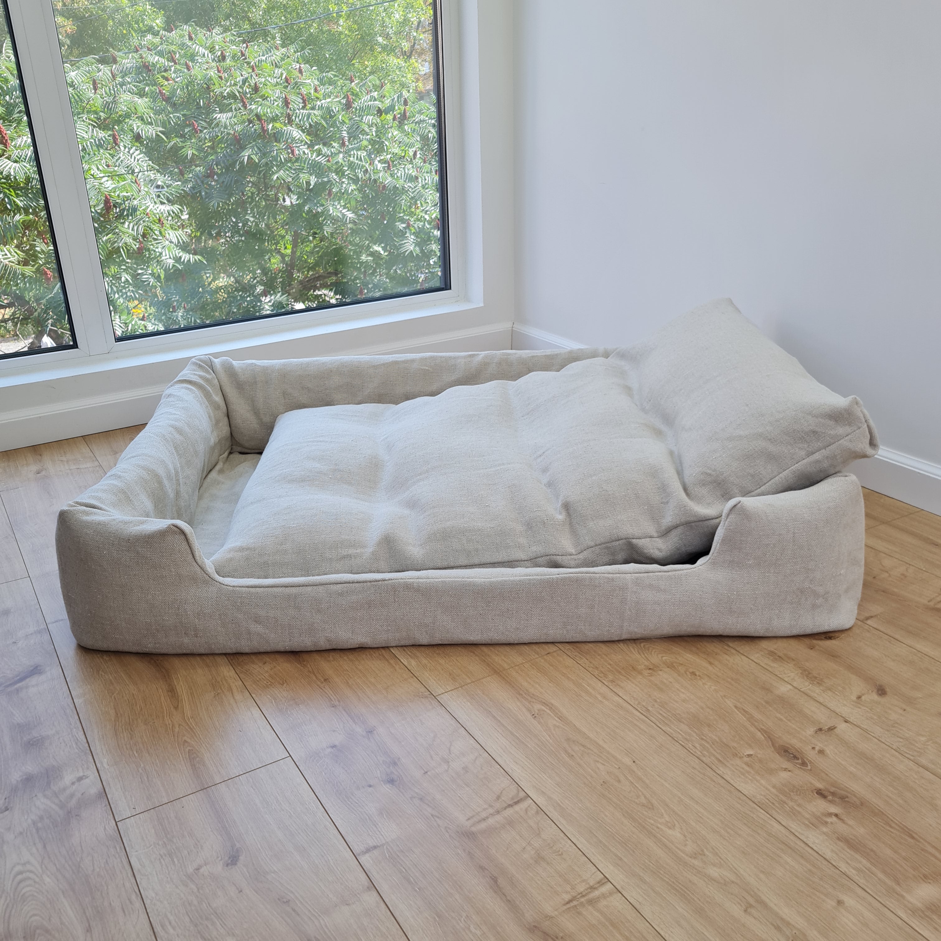 Hemp Pet Bed Removable Washable Natural Linen Cover Bed Filled Organic Hemp Fiber Filler - with thick topper inside - house for cats dogs
