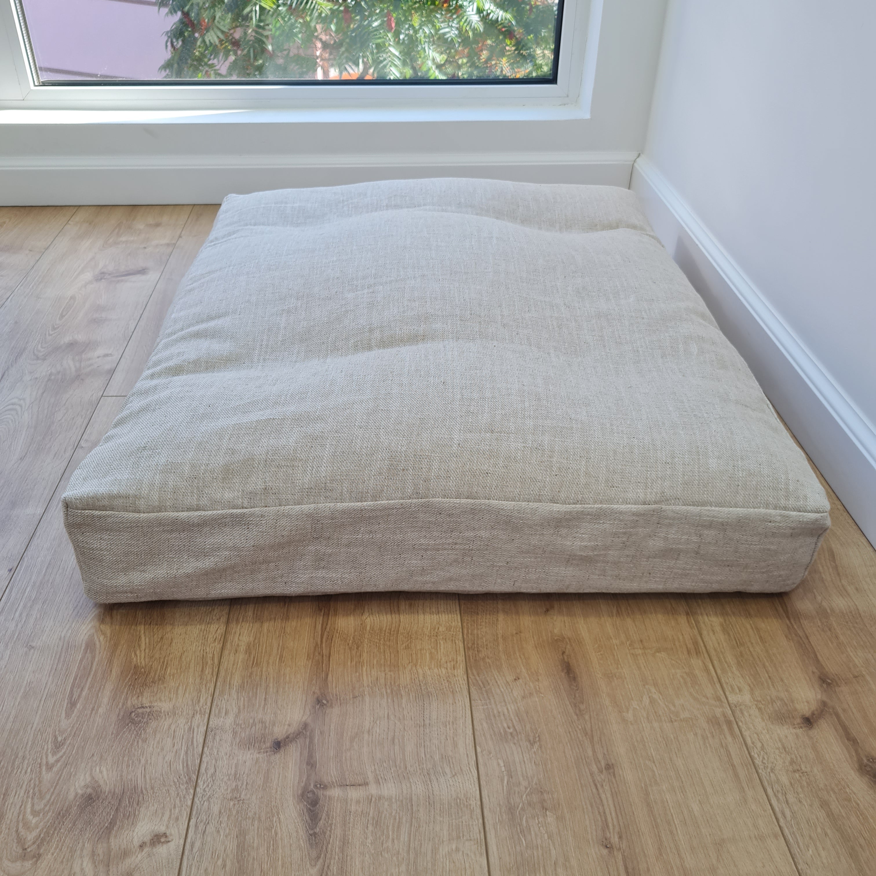 Hemp Linen Pet Mat Pad Cushion with Removable Linen Cover organic hemp fiber filler in non-dyed beige greylinen fabric
