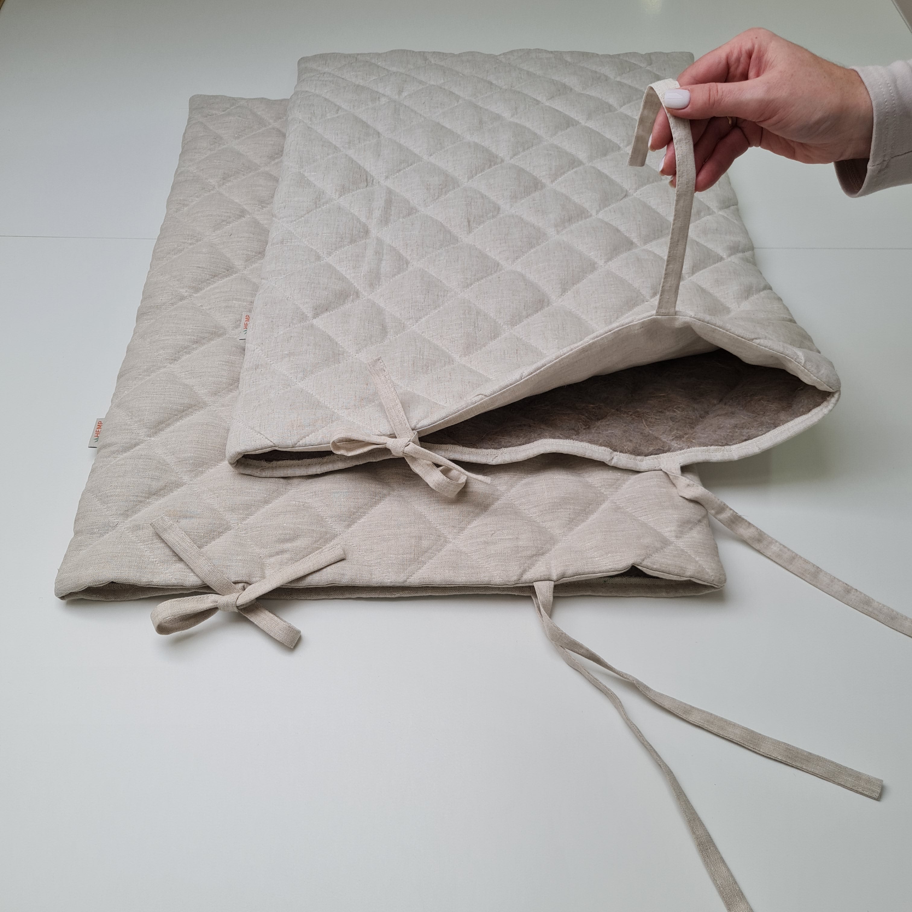 Hemp Linen pillow cover quilted by HEMP Organic fiber in natural non-dyed linen or hemp fabric with ties