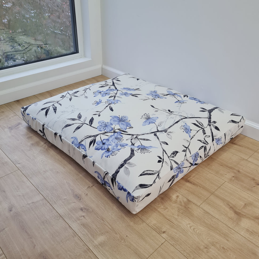 Hemp Pet Mat Pad Cushion Removable Cotton Water Repellent Cover in blue flower on white Organic Hemp Fiber Filler Padded Dog